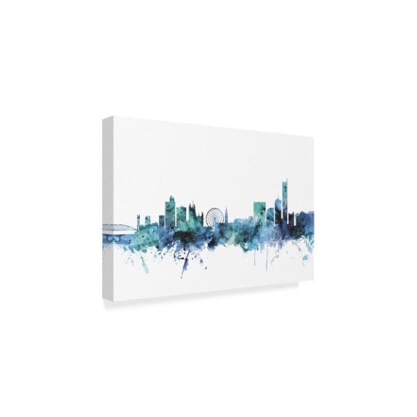 Michael Tompsett 'Manchester England Blue Teal Skyline' Canvas Art,12x19